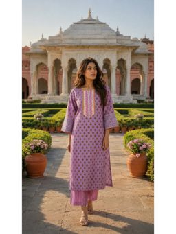 EKOHUM - Pink Block Printed Lace Work Cotton Kurta with Pant