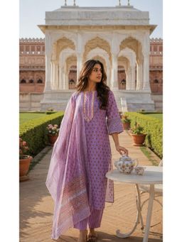 EKOHUM - Pink Block Printed Cotton Lace Work Kurta with Pant and Dupatta