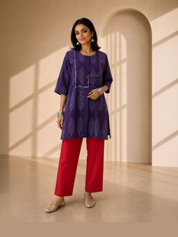 Vaaya - Purple Jamun Ikat Print Kurta and Pant Set