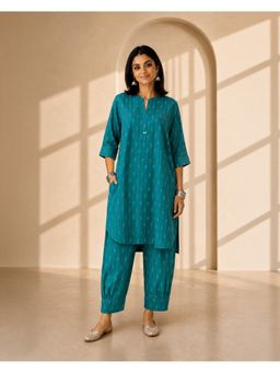 Vaaya - Teal Ikat Print Kurta and Salwar Set