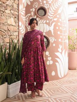 Gulabo Jaipur - Suhana Wine Pure Cotton Anarkali Kurta with Pant and Dupatta