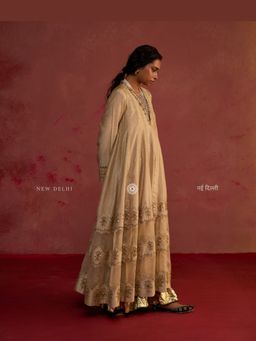 Rhua India - Arshia Almond Chanderi Anarkali Set with Sharara and Dupatta
