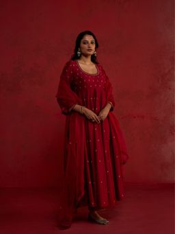 Rhua India - Mirka Plum Red Chanderi Anarkali Kurta with Pant and Dupatta