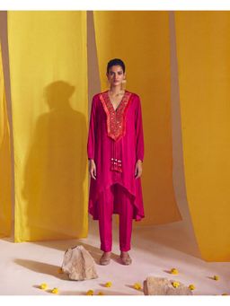 "Two Sisters" by Gyans - Fuchsia Pink Satin Embroidered High Low Kurta with Pant