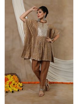 Ishnya - Noor By Ishnya-Sand Brown Embroidered Kaftan and Pant