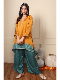 Ishnya - Rooh-Mustard Colour-Block High-Low Kurta with Palazzo