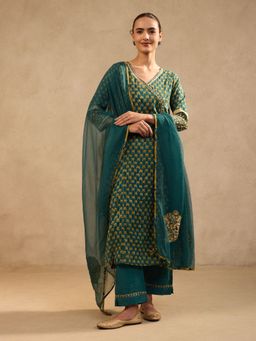 Jaipuri Banno - Dark Green Agrakha Kurta with Pant and Dupatta