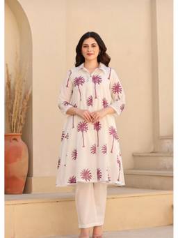 VAJOONI JAIPUR - Women Pink Floral Printed Cotton A-Line Kurta with Pant