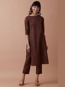 Okhai - Brown Hazel Eyes Hand Embroidered Mirror Work Kurta and Pant Set
