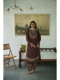 Meenagurnam - Brown Silk Net V-Neck Embroidered Kurta with Salwar and Dupatta