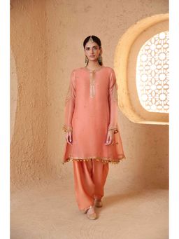 Label Niti Bothra - Mehrang Peach Short Pheran Kurta with Pant and Inner