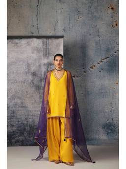 Label Niti Bothra - Mehrang Yellow V Neck Short Kurta with Pant and Dupatta