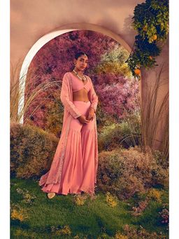 CHARU MAKKAR - Pink Silk Organza Deebaa Blouse with Pant and Jacket
