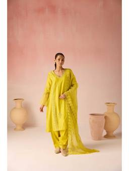 Pooja Singhal - Lime leaf Bahaara Chanderi Silk Kurta with Pant and Dupatta