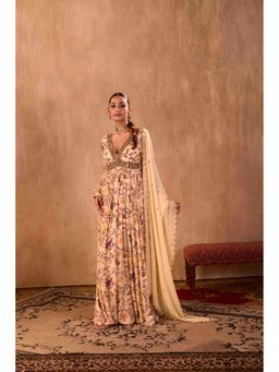 MEHAK MURPANA - Print Embroidered Yellow Anarkali Kurta with Dupatta