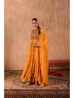 MEHAK MURPANA - Print Embroidered Yellow Anarkali Kurta with Dupatta