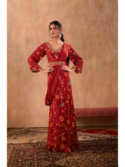 MEHAK MURPANA - Print Embroidered Red Anarkali with Drape and Belt