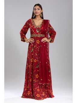 MEHAK MURPANA - Print Embroidered Red Anarkali with Dupatta and Belt