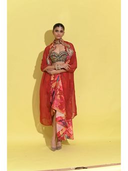 Rishi & Vibhuti - Ruby Drape Red Cape with Blouse and Sharara