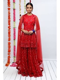 SHIAN - Patra and Pearl Embroidery Red Peplum Kurta with Sharara and Dupatta