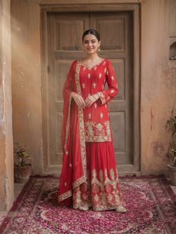 SHIAN - Roohab Rose Red Kurta with Sharara and Dupatta