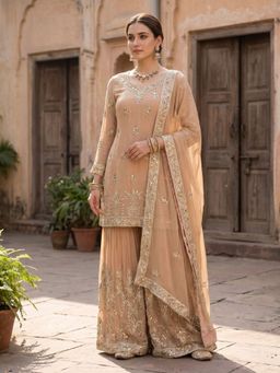 SHIAN - Roohab Classic Peach Kurta with Sharara and Dupatta