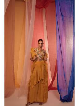 SHIAN - Mustard Ruffle Cape with Embroidered Neck Detail Blouse and Drape Pant