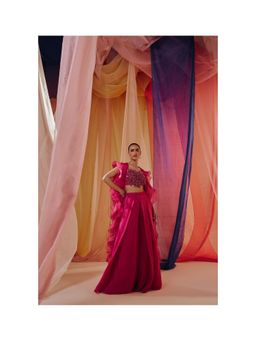 SHIAN - Hot Pink 3D Embroidered Blouse with Ruffle Cape and Drape Pant