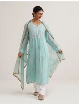 SAAYA THE LABEL - Saba A-Line Chikankari Blue Kurta with Pant and Dupatta