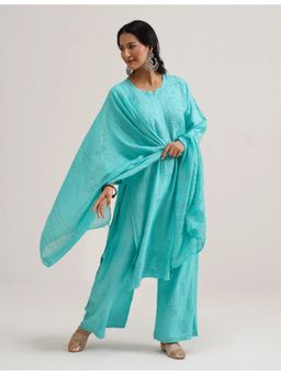 SAAYA THE LABEL - Surmai Chikankari Blue Kurta with Pant and Dupatta