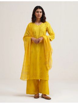 SAAYA THE LABEL - Surmai Chikankari Yellow Kurta with Pant and Dupatta
