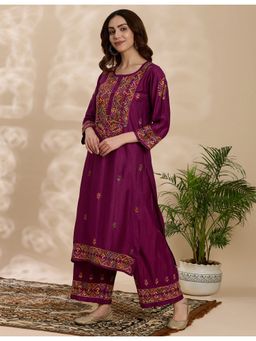 THREZO - Purple Chikankari Chanderi Straight Kurta with Pant