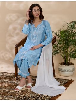 THREZO - Blue Chikankari Kurta with Trouser and Dupatta