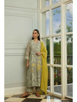 Vaayu - Slate Floral Embroidered Grey Kurta With Pant and Dupatta