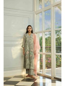 Vaayu - Slate Thread Embroidered Grey Kurta with Pant and Dupatta