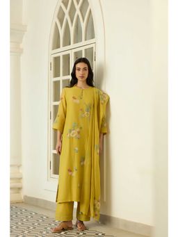 Vaayu - Marigold Floral Applique Green Kurta with Pant and Dupatta