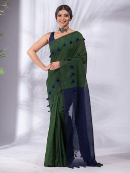 CHARUKRITI - Green Pure Cotton Handwoven Soft Saree & Tassels Pallu with Unstitched Blouse