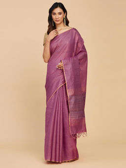 Fabindia - Pink Cotton Silk Blend Woven Saree Without Blouse