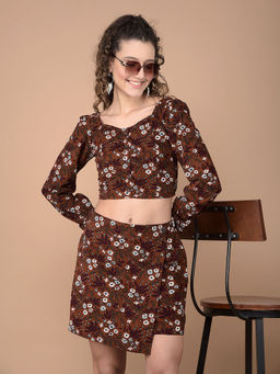 CRIMSOUNE CLUB - Women's Brown Floral Printed Corduroy Co-Ord (Set of 2)