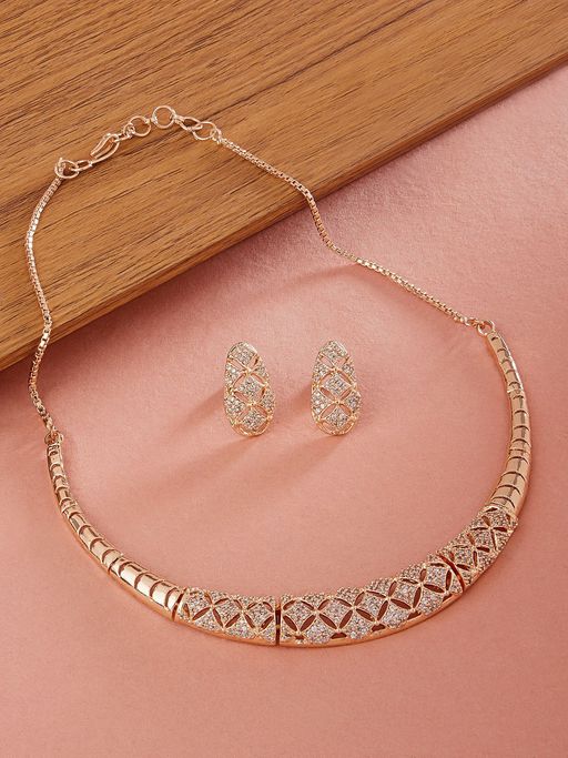 Zaveri Pearls Rose Gold Cubic Zirconia Party Bling Necklace & Earring Set-ZPFK15274