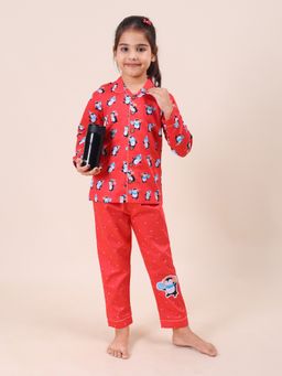 CASA DE NEENEE - Red Silly Penguin Range Full Sleeves Shirt and Pyjama Set for Girls