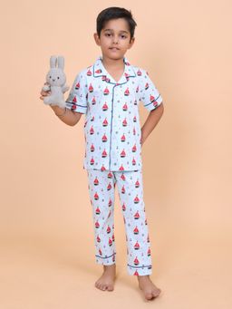 CASA DE NEENEE - Blue Junior Sailor Range Half Sleeves Shirt and Pyjama Set for Boys