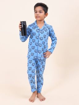 CASA DE NEENEE - Blue Dino Games Full Sleeves Shirt and Pyjama Set for Boys