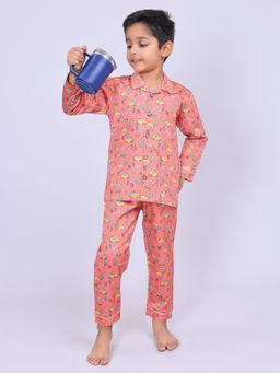 CASA DE NEENEE - Rust Campfire Cuddles Full Sleeves Shirt and Pyjama Set for Boys