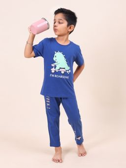 CASA DE NEENEE - Blue Dino Don Range Half Sleeves Tshirt and Pyjama Set Color for Boys