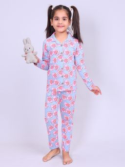 CASA DE NEENEE - Blue Sweet Hearts Range Full Sleeves Shirt and Pyjama Set for Girls