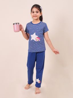 CASA DE NEENEE - Blue Twinkle Stripes Half Sleeves Tshirt and Pyjama Set Color for Girls