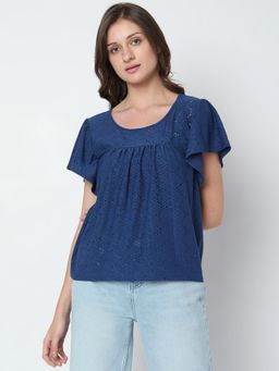 VERO MODA - Women Textured Navy Blue Top