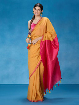 Likha - Mustard Viscose Blend Solid Colorblock Saree with Unstitched Blouse LIKSAR113 (Free Size)