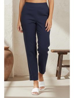 Aurelia - Navy Blue Solid Pure Cotton Straight Fit Pant